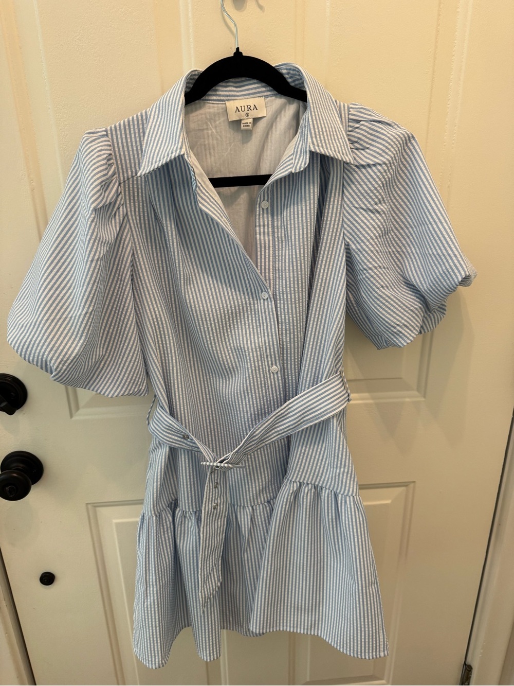 Aura Blue and White Striped Mini Shirt Dress with Tie Waist